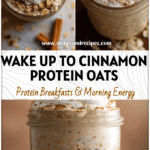 Creamy cinnamon roll protein oatmeal layered in a jar topped with oats, cinnamon, and yogurt for a Yummy Healthy Overnight Oats look.